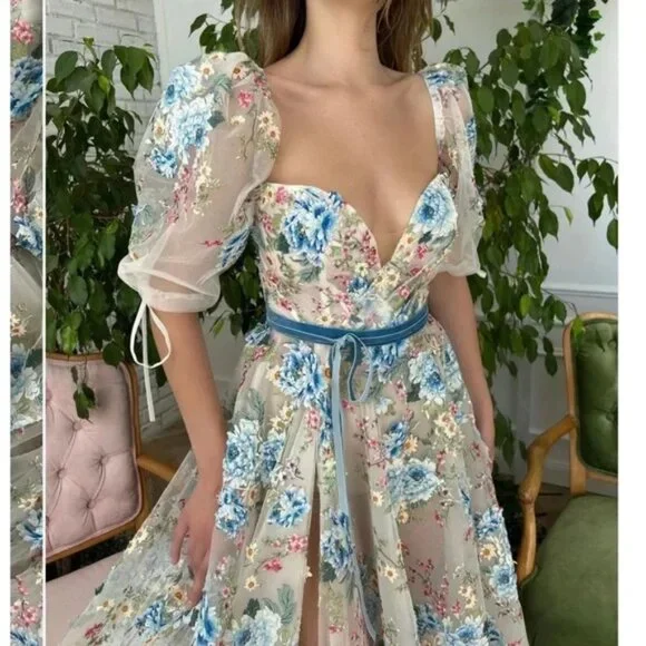 Teuta Matoshi- Cerulean Wildflower Floral Puff Sleeve Dress with Blue Accents - Picture 2 of 8